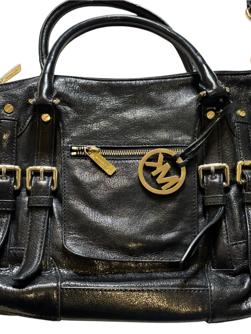 Michael Kors McGraw Black Leather Satchel with Gold Accents - Picture 2 of 12